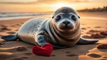 A seal resting on the beach, holding a red heart against a sunset backdrop. photo