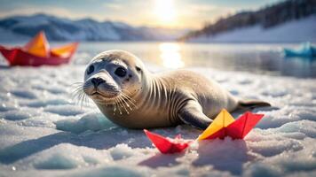 A seal rests on ice with colorful paper boats in a serene, snowy landscape. photo