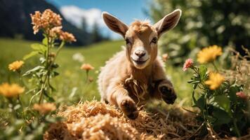 A playful goat leaps through a vibrant field of flowers and straw, showcasing nature's beauty. photo