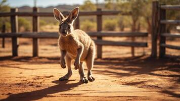 A kangaroo stands on a dirt path in a rustic outdoor setting with wooden fences. photo