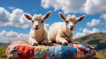 Two adorable baby goats resting on a colorful quilt under a blue sky with fluffy clouds. photo