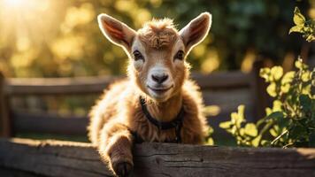 A cute goat resting on a wooden fence in a sunlit setting. photo