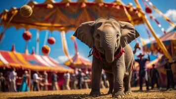 A young elephant in a circus setting, surrounded by colorful tents and festive decorations. photo
