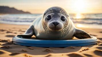 A seal resting on a circular float on a beach during sunset. photo