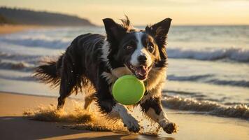 A joyful dog running on the beach with a frisbee at sunset. photo