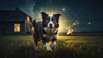 A happy dog runs through a grassy field near a rustic house under a starry night sky. photo