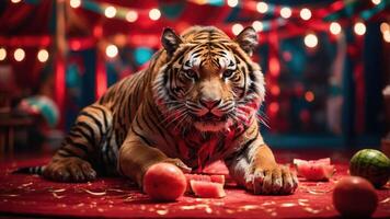 A tiger lounging in a circus-like setting, surrounded by fruits and festive decorations. photo