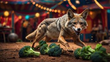 A coyote playfully interacting with broccoli in a vibrant circus-like setting. photo