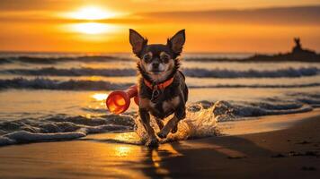 A Chihuahua joyfully runs along the beach at sunset, splashing in the waves. photo