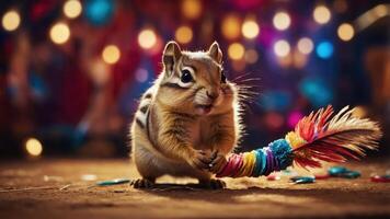 A playful chipmunk holds a colorful toy in a vibrant, festive setting. photo