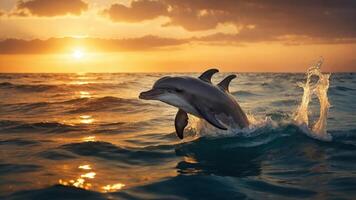 A dolphin leaps from the ocean at sunset, creating a beautiful scene of nature's grace. photo
