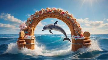 A whimsical scene featuring a dolphin jumping through a giant gingerbread arch in ocean waves. photo