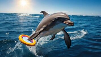 A dolphin leaps from the ocean, playfully catching a colorful frisbee in the sunlight. photo