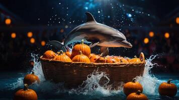A dolphin leaps from a basket filled with pumpkins, creating splashes in a festive setting. photo