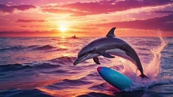 A dolphin leaps over a surfboard at sunset, creating a vibrant ocean scene. photo