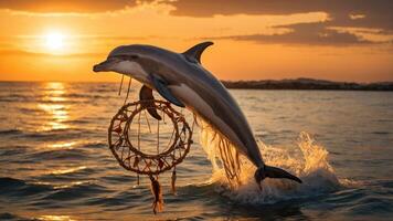 A dolphin leaps through a dreamcatcher at sunset, creating a magical scene. photo
