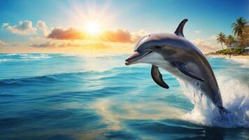 A dolphin leaps joyfully above the ocean waves during a vibrant sunrise. photo