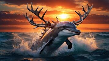 A fantastical dolphin with antlers leaps from the ocean at sunset, creating a vibrant scene. photo