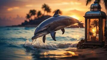 A dolphin leaps from the ocean at sunset, beside a lantern with a palm tree inside. photo