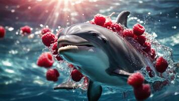A dolphin swimming amidst floating raspberries, creating a whimsical underwater scene. photo