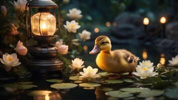 A duckling by a lantern near water lilies in a serene pond setting. photo