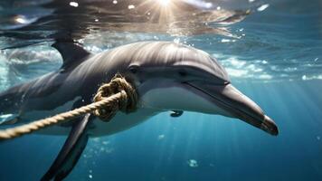 A dolphin swimming underwater, pulling a rope with sunlight filtering through the water. photo