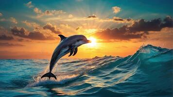 A dolphin leaps from the ocean at sunset, creating a vibrant and serene atmosphere. photo
