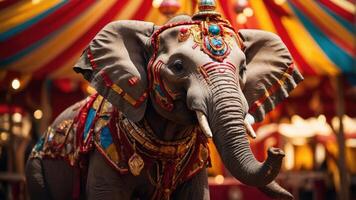 A decorated elephant in a colorful circus setting, showcasing entertainment and tradition. photo
