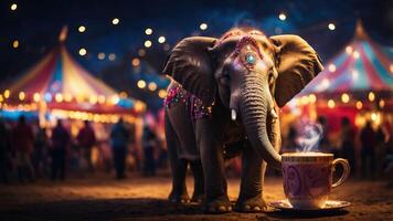 An elephant enjoying a drink at a colorful circus with festive lights. photo