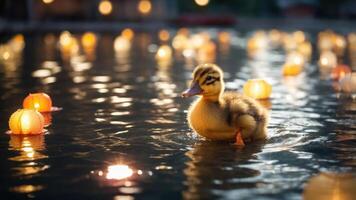 A duckling swims among glowing lanterns on a serene water surface at dusk. photo