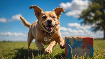 A happy dog running in a grassy field with a colorful block. photo