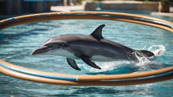 A dolphin gracefully leaps through a hoop in a pool, showcasing its agility and training. photo