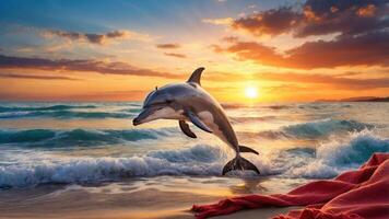 A dolphin leaps through ocean waves at sunset, creating a serene beach scene. photo