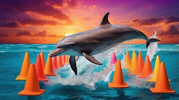 A dolphin leaps over colorful cones in a vibrant ocean setting at sunset. photo