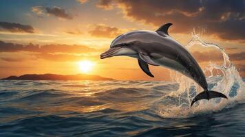A dolphin leaps from the ocean at sunset, creating a stunning visual of nature's beauty. photo