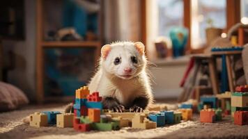 A playful ferret surrounded by colorful building blocks in a cozy indoor setting. photo