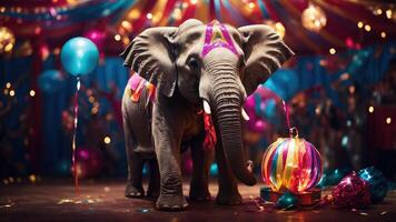 A festive elephant adorned with decorations amidst colorful balloons and party elements. photo
