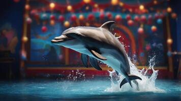 A dolphin leaps joyfully from the water in a vibrant, festive setting. photo