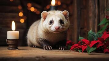 A cute ferret poses near a candle and festive poinsettias in a cozy setting. photo