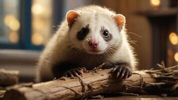A close-up of a cute animal with a playful expression, resting on wooden logs. photo