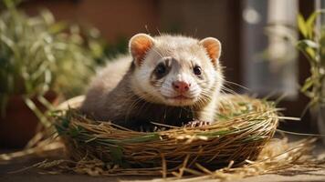 A cute ferret resting in a nest made of straw, surrounded by greenery. photo