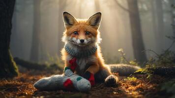 A playful fox wearing a scarf sits in a misty forest, holding a toy in its paws. photo
