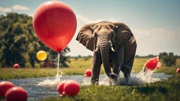 An elephant playfully interacts with colorful balloons in a scenic outdoor setting. photo