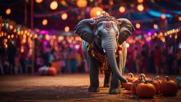 An adorned elephant stands in a festive setting surrounded by pumpkins and colorful lights. photo