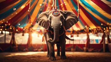 An elephant stands in a colorful circus tent, illuminated by warm lights. photo