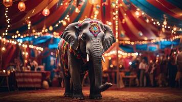 An adorned elephant stands in a colorful circus tent filled with lights and people. photo