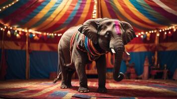 An elephant adorned with colorful decorations stands in a circus tent. photo