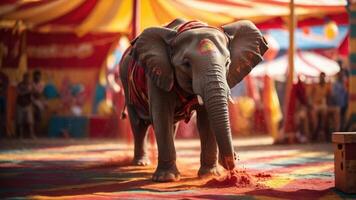 An elephant performing in a vibrant circus setting, surrounded by colorful tents and spectators. photo