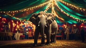 An elephant stands center stage in a colorful, festive setting adorned with lights. photo