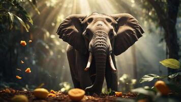 An elephant stands in a sunlit forest, surrounded by fruits and vibrant foliage. photo